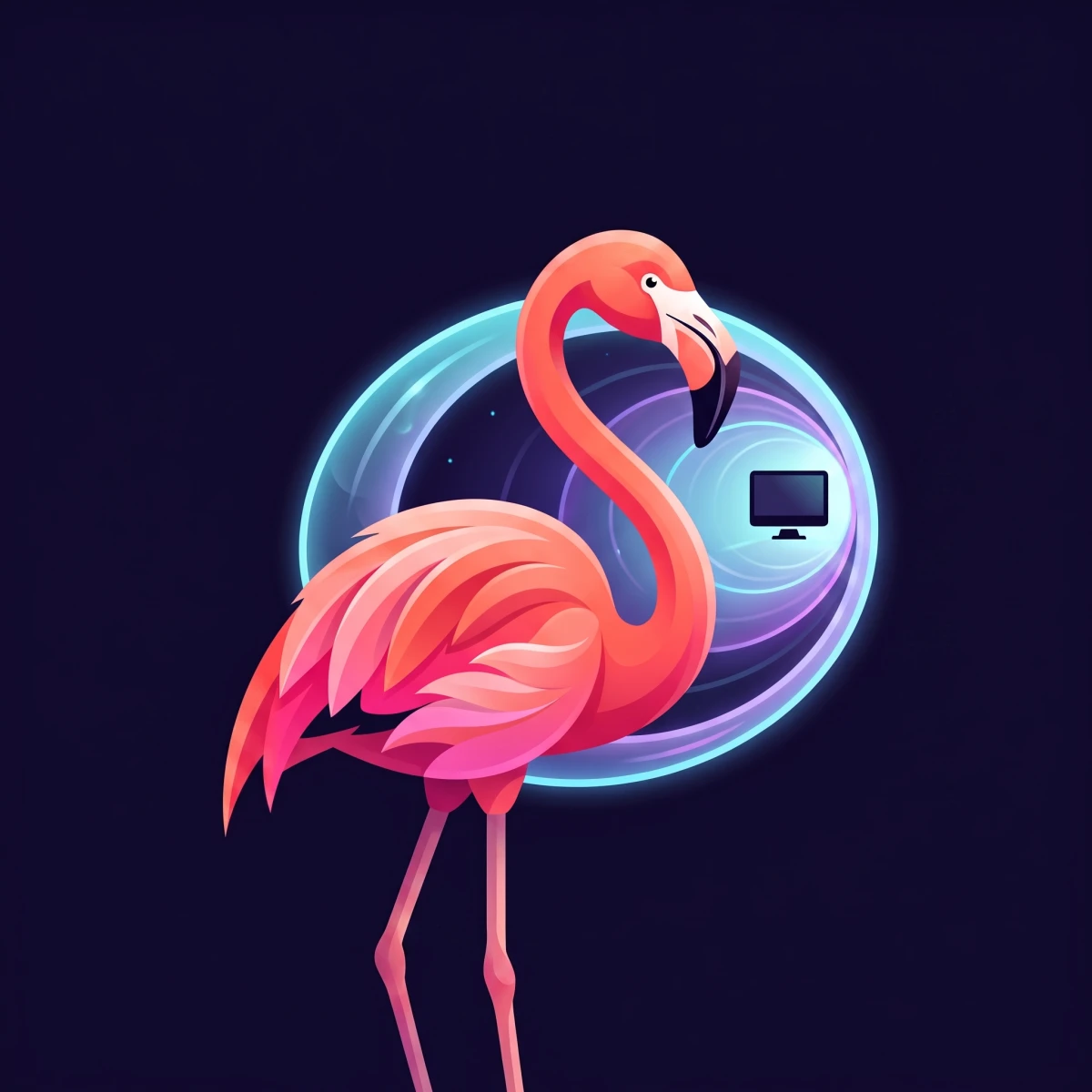 A coral flamingo beside a cyan and violet portal around a remote computer